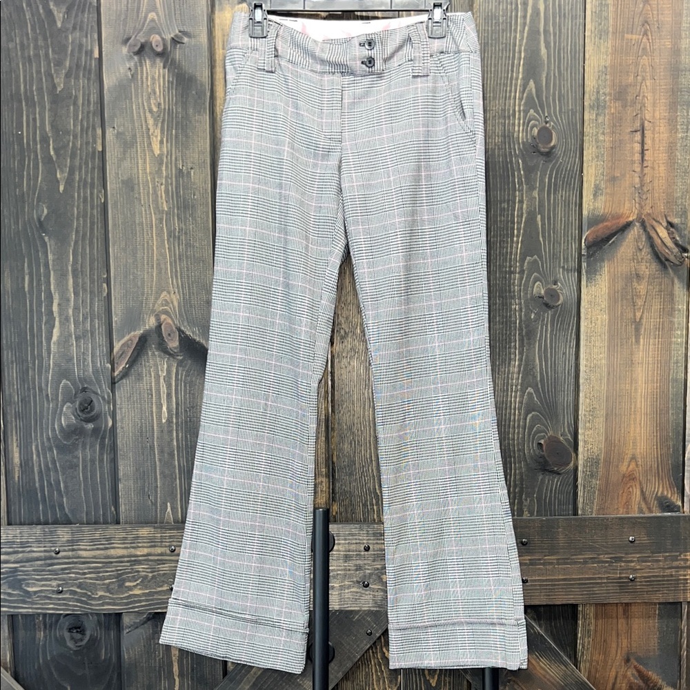 Vtg Y2K Grey Pink Plaid Flare Dress Pants 3 Preppy 90s 00s Academia Trousers